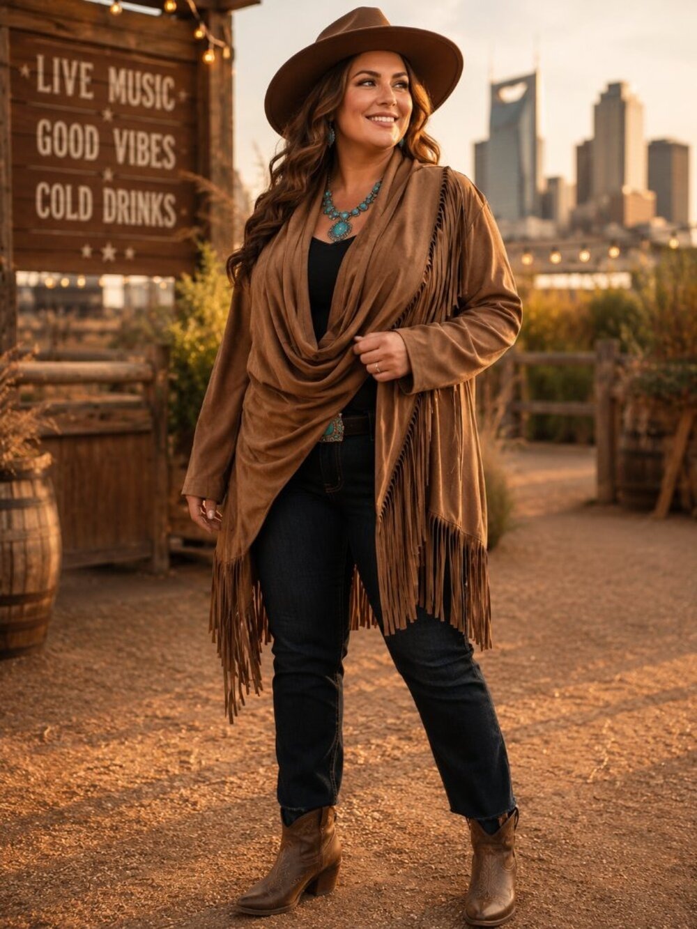 Chico’s Faux Suede Fringe Drape Jacket Size 4 Brown Western Boho Cardigan